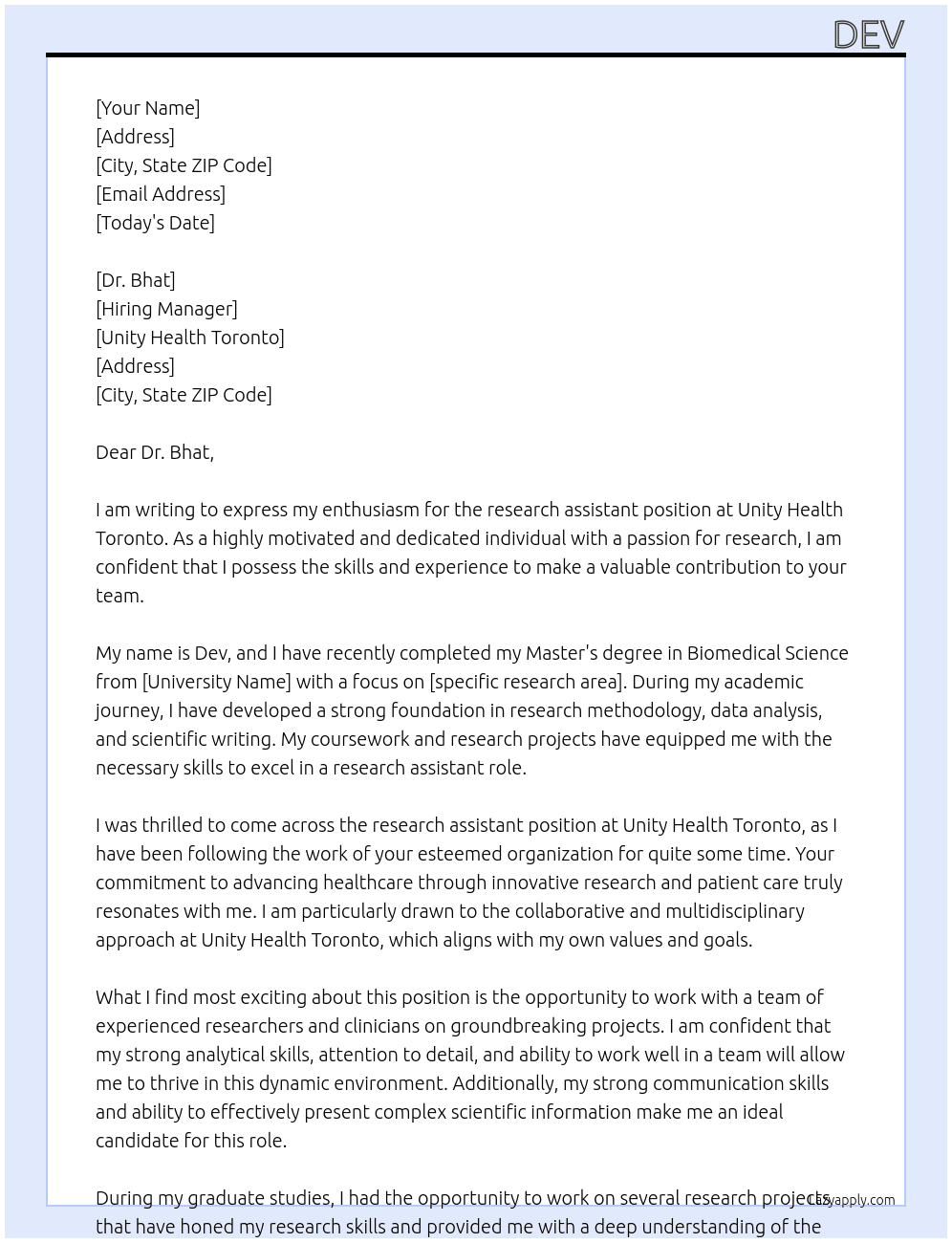 research assistant  At Unity Health Toronto Cover Letter