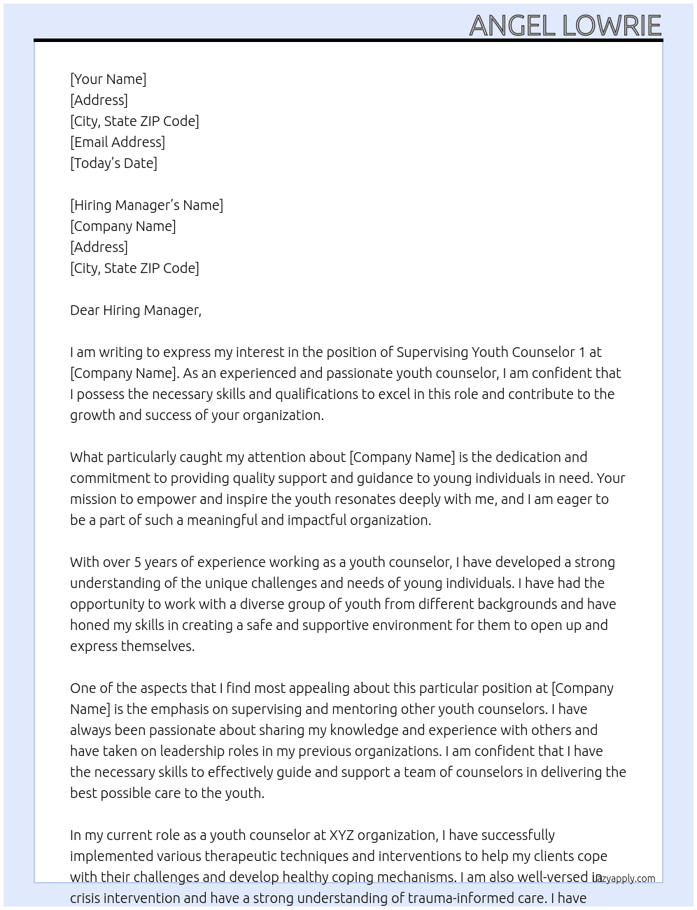 Cover letter for supervising youth counselor 1 - LazyApply
