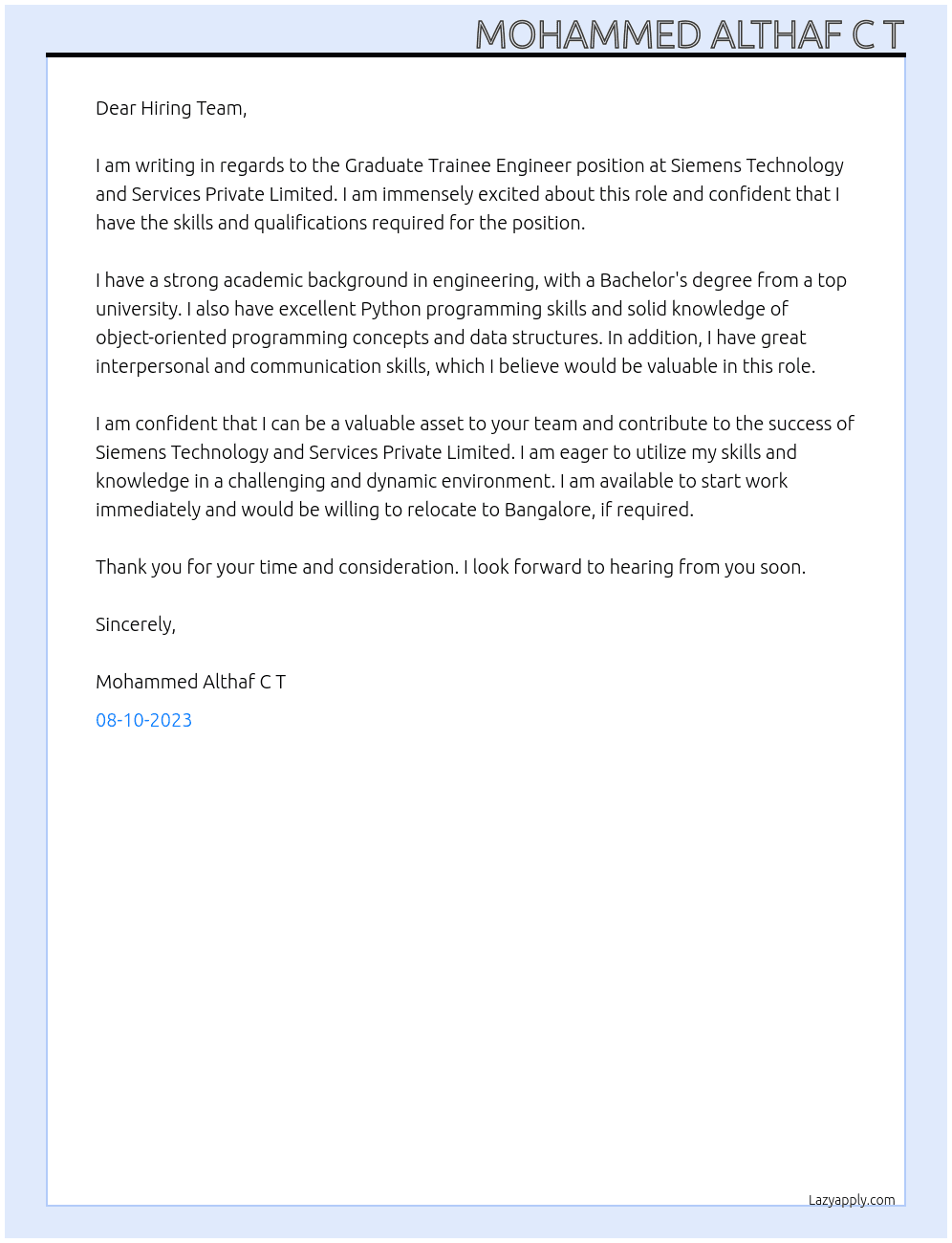 Graduate Trainee Engineer At Siemens Technology and Services private limited Cover Letter