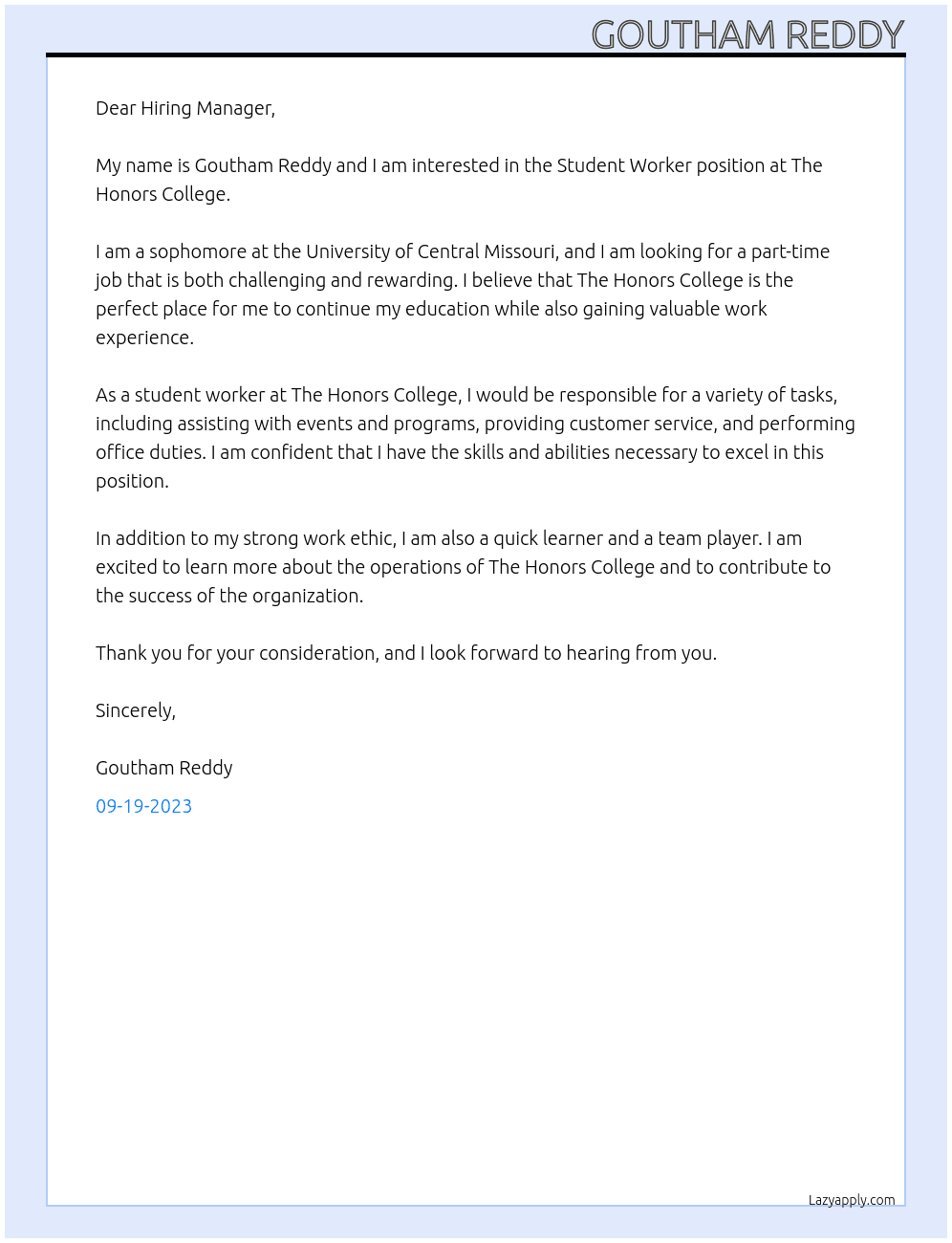 The Honors College - Student Worker At university of central missouti Cover Letter