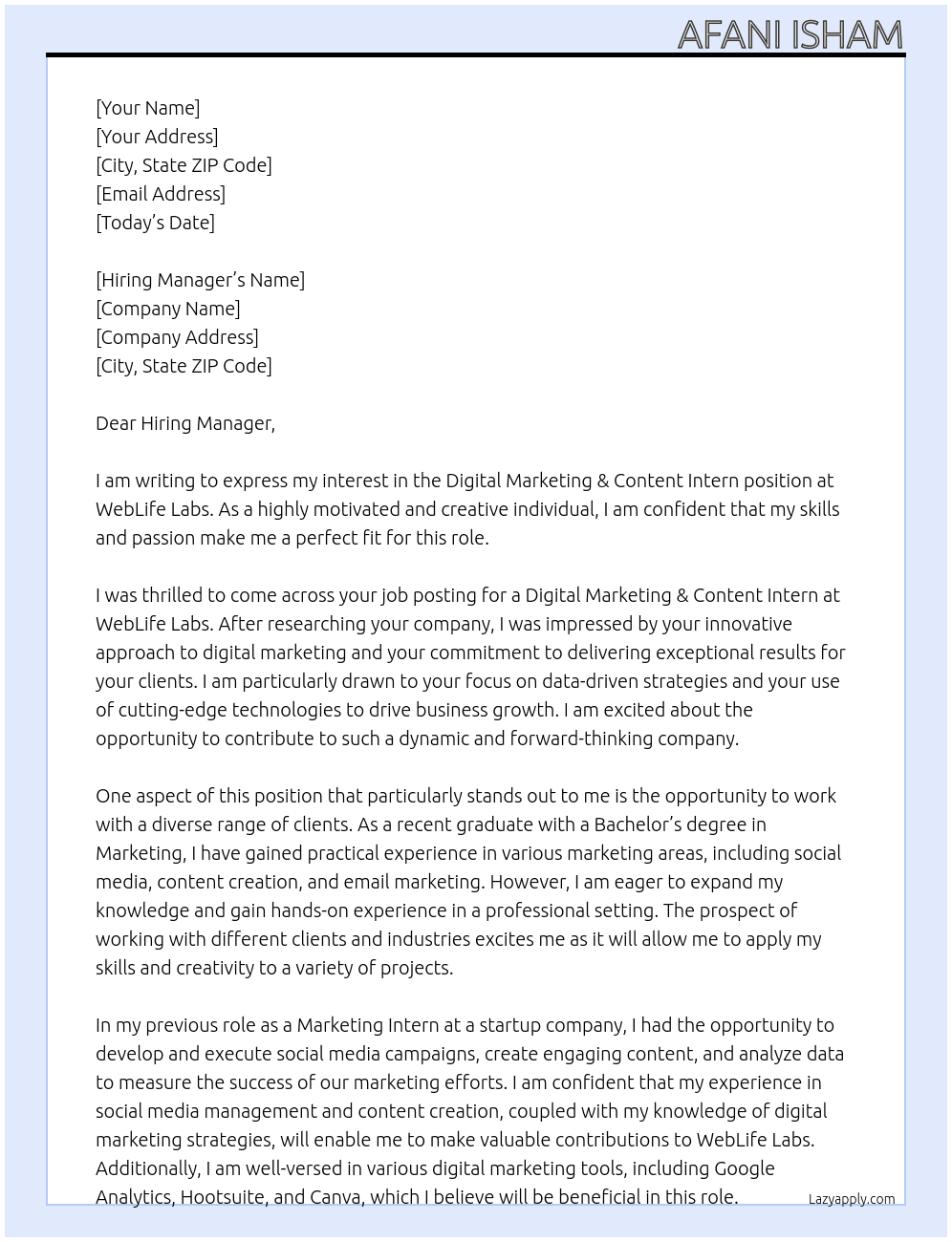 Digital Marketing & Content Intern At WebLife Labs Cover Letter