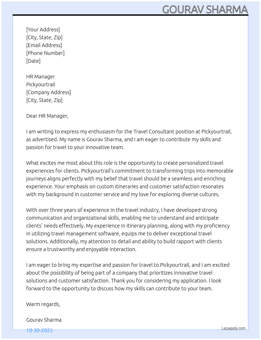 Travel Consultant At Pickyourtrail Cover Letter