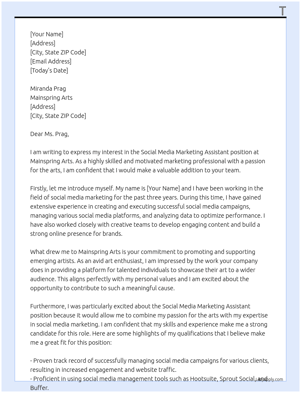 Social Media Marketing Assistant  At Mainspring Arts Cover Letter