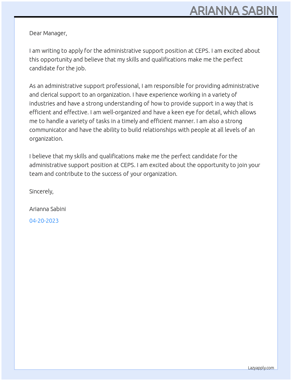 administrative support At CEPS Cover Letter