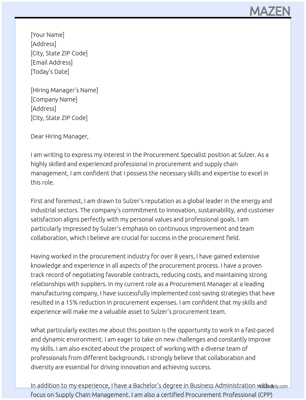 Procurement Specialist  At Sulzer Cover Letter