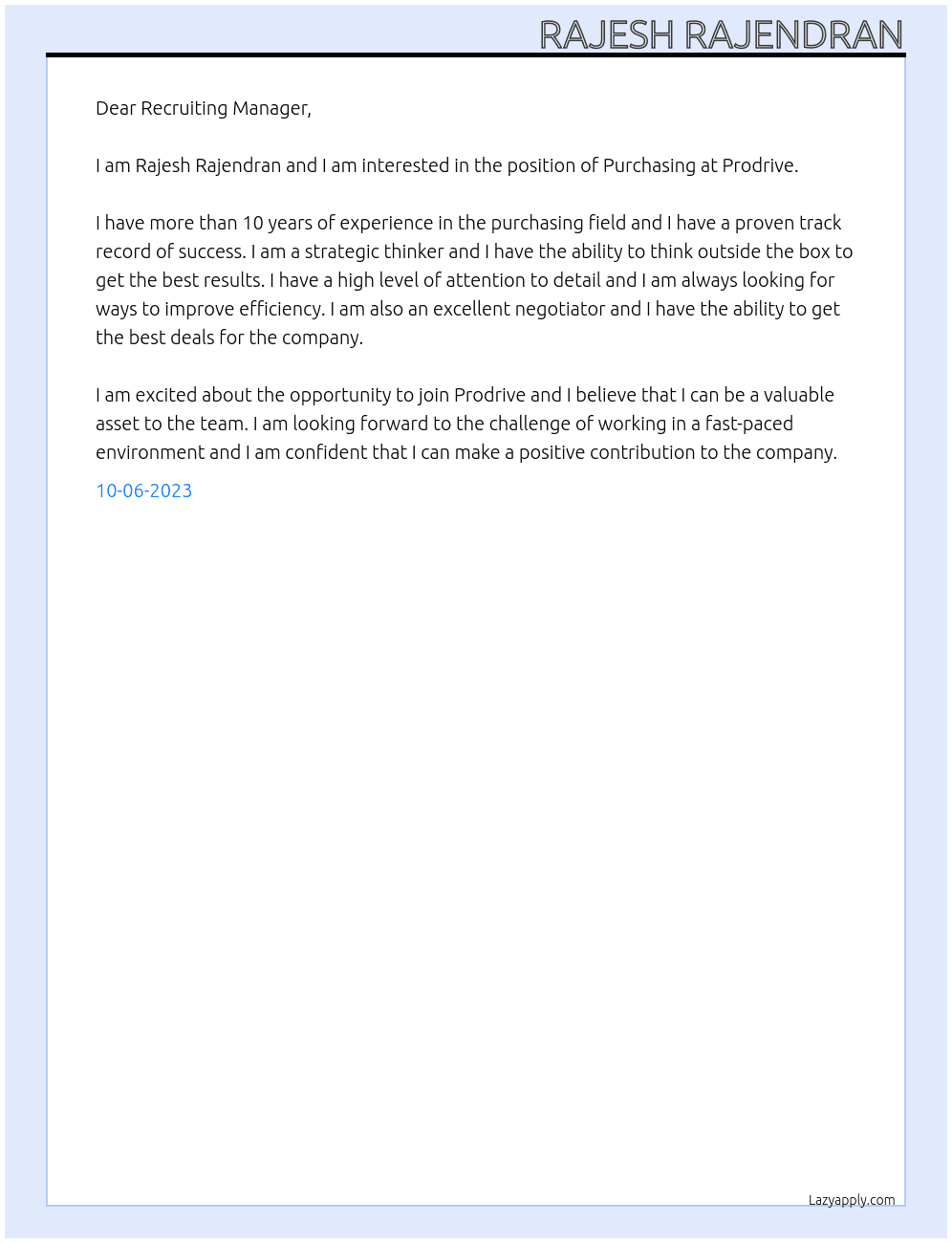 Purchasing At Prodrive Cover Letter