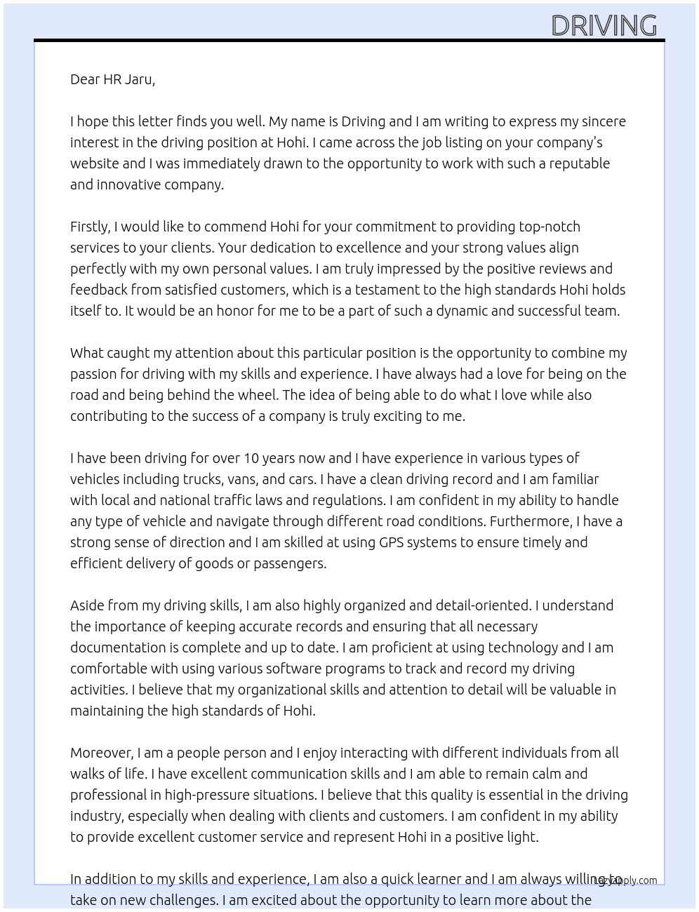driving  At Hohi Cover Letter