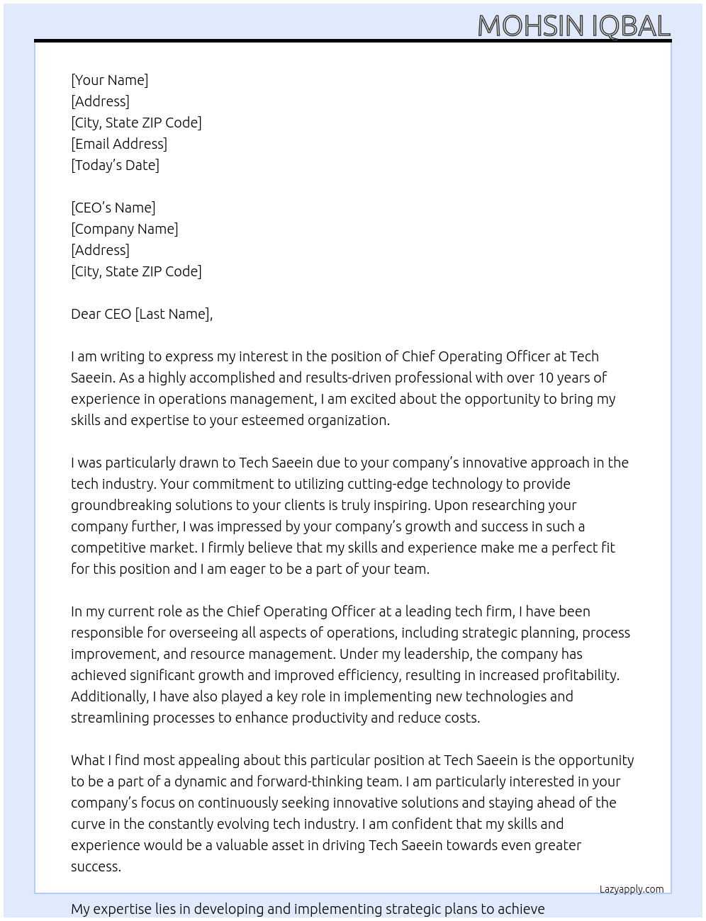 Chief Operating Officer At Tech Saeein Cover Letter