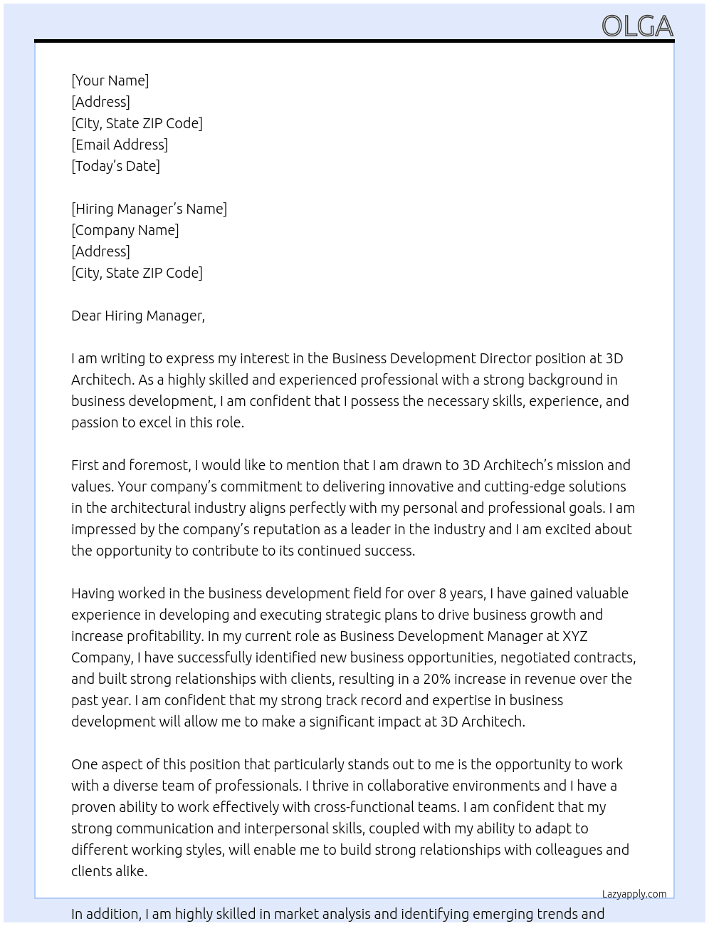 Business Development Director At 3D Architech Cover Letter