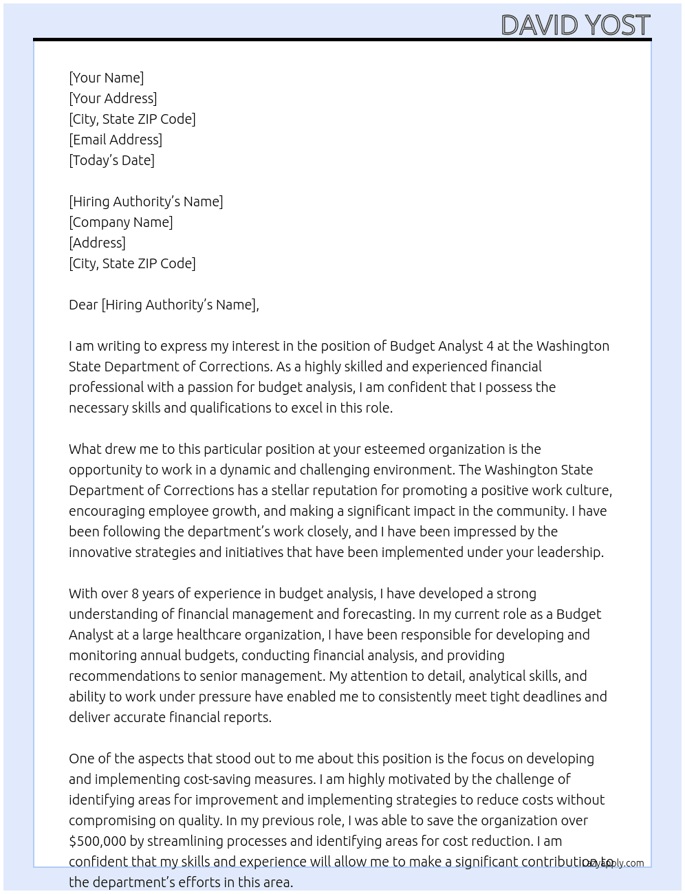 Budget Analyst 4 At Washington State Department of Corrections Cover Letter