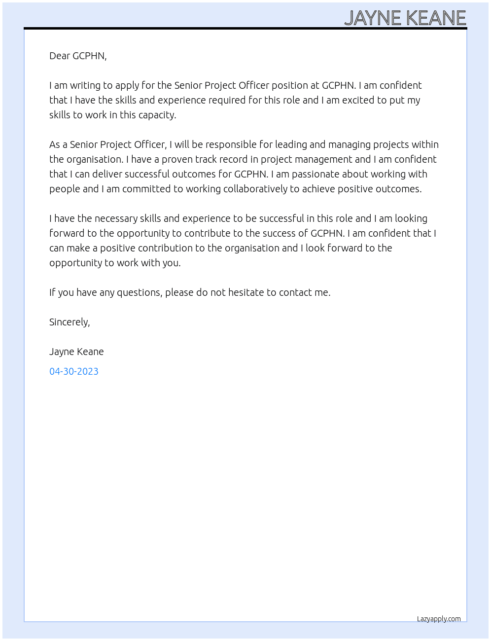 Senior Project Officer At GCPHN Cover Letter