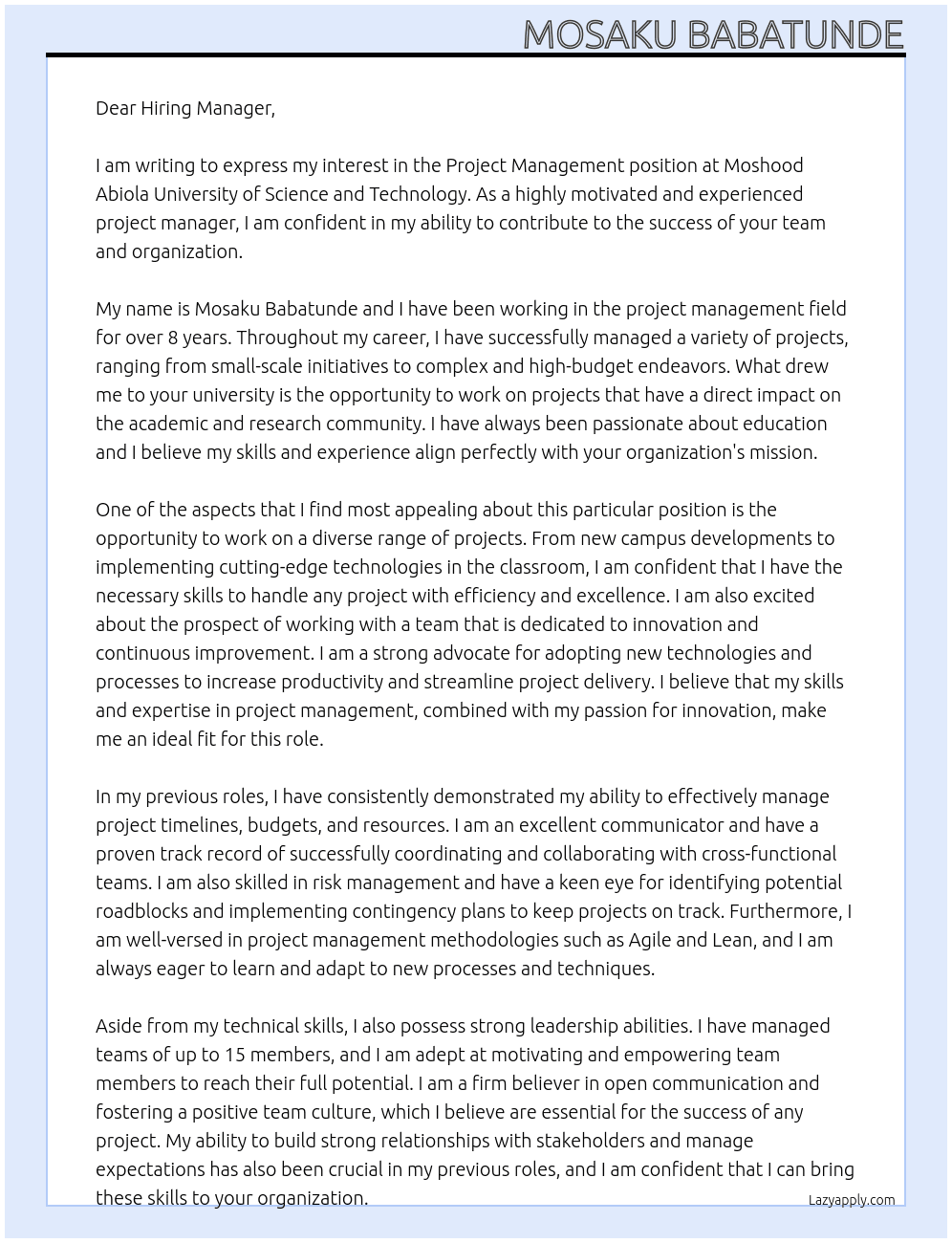 project management  At Moshood Abiola University of Science and Technology Cover Letter