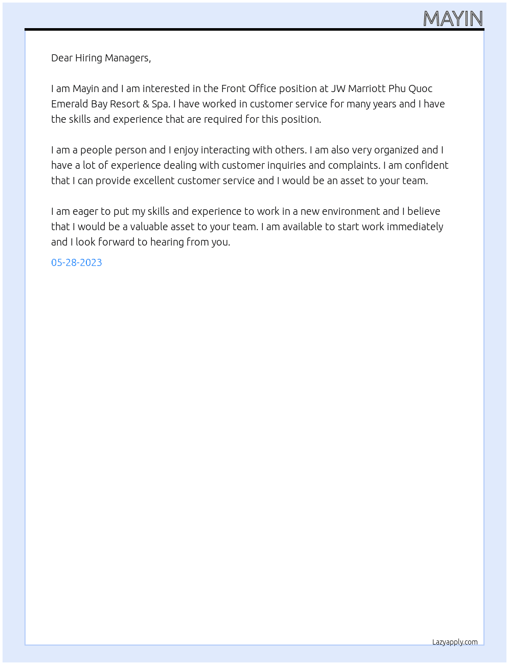 Front Office At JW Marriott Phu Quoc Emerald Bay Resort & Spa Cover Letter