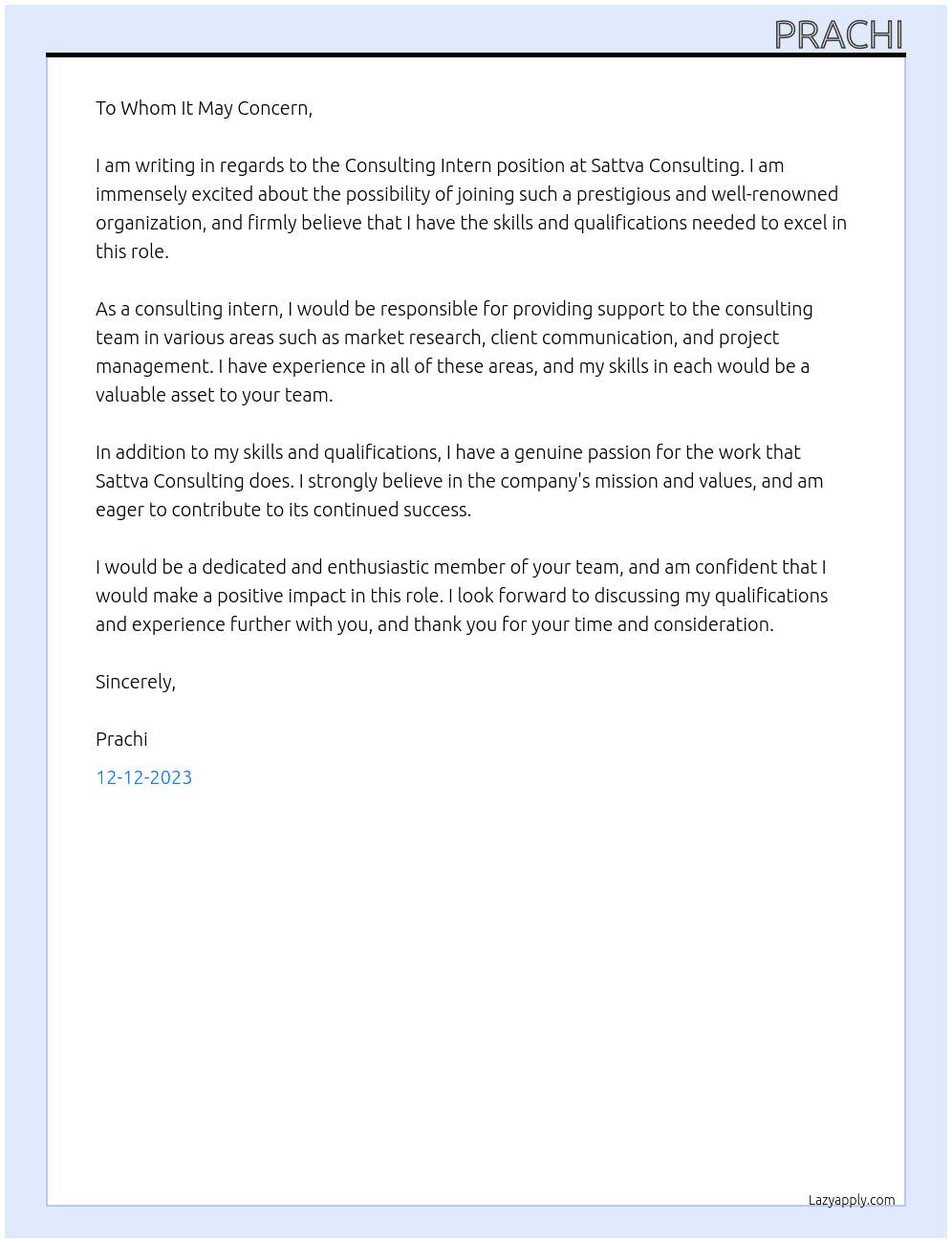 Consulting Intern At Sattva Consulting Cover Letter