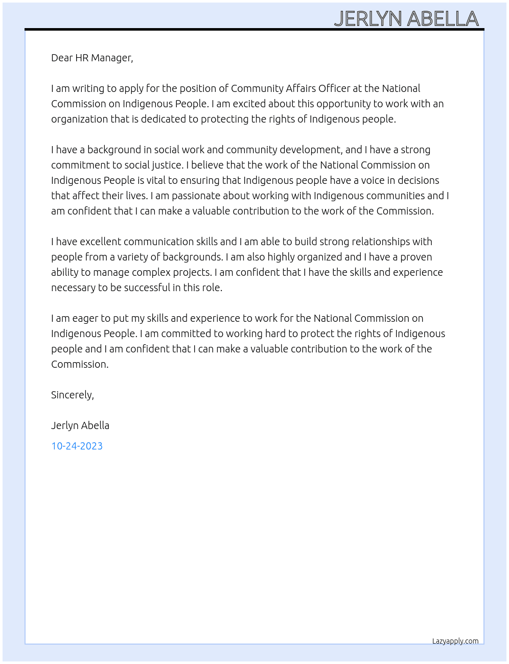 Community Affairs Officer At National Commission on Indigenous People  Cover Letter