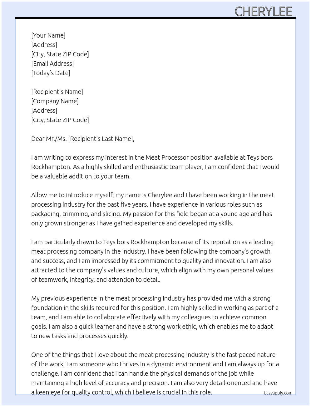 Meat processor  At Teys bors Rockhampton  Cover Letter