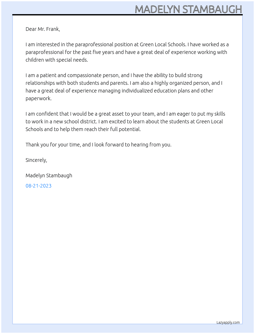Paraprofessional At Green Local Schools Cover Letter
