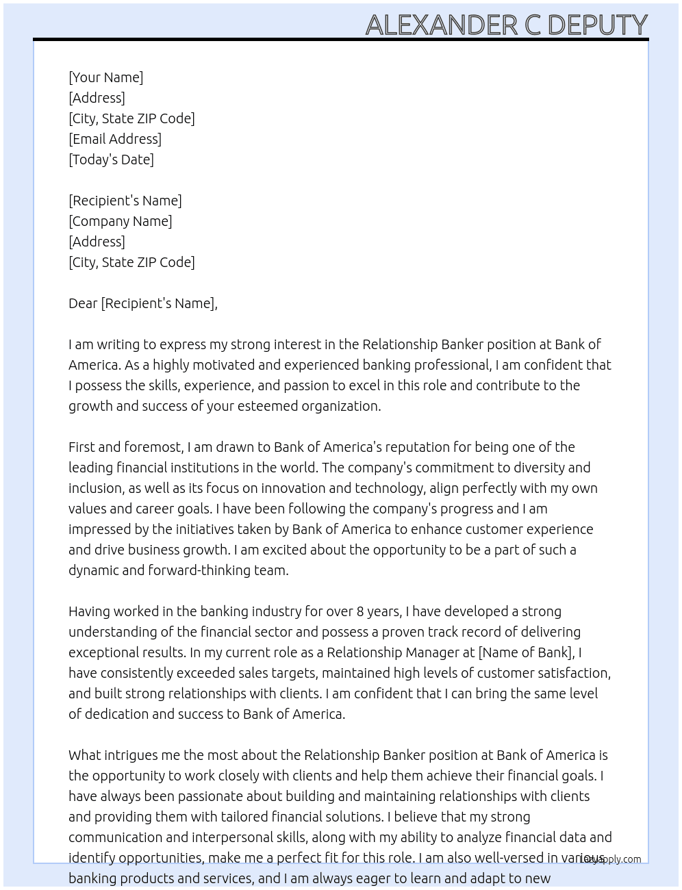 Relationship Banker At Bank of America Cover Letter
