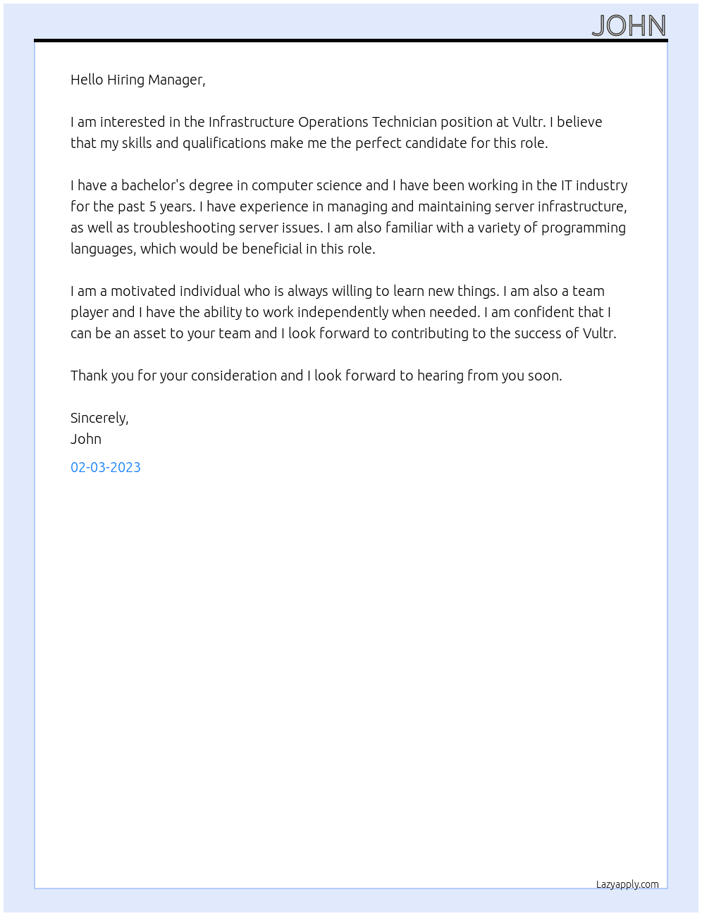 Infrastructure Operations Technician At Vultr Cover Letter