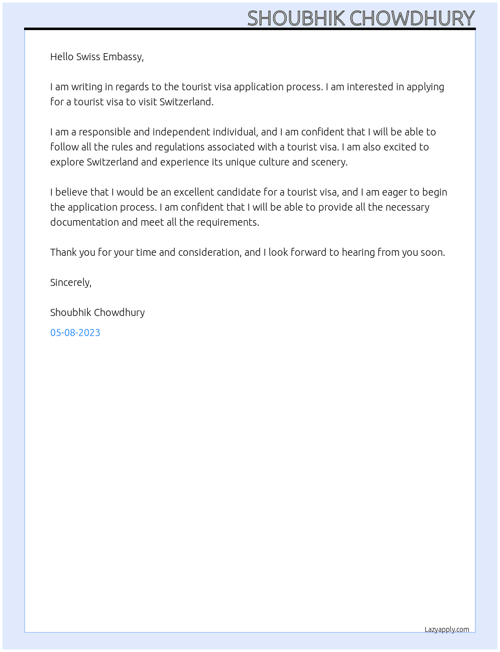 unemployed At tourist visa Cover Letter