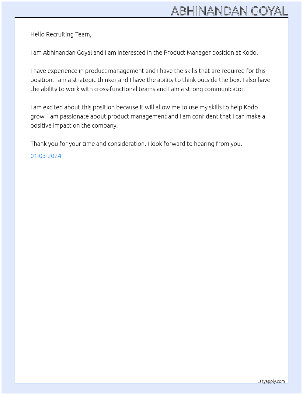 Product Manager At Kodo Cover Letter
