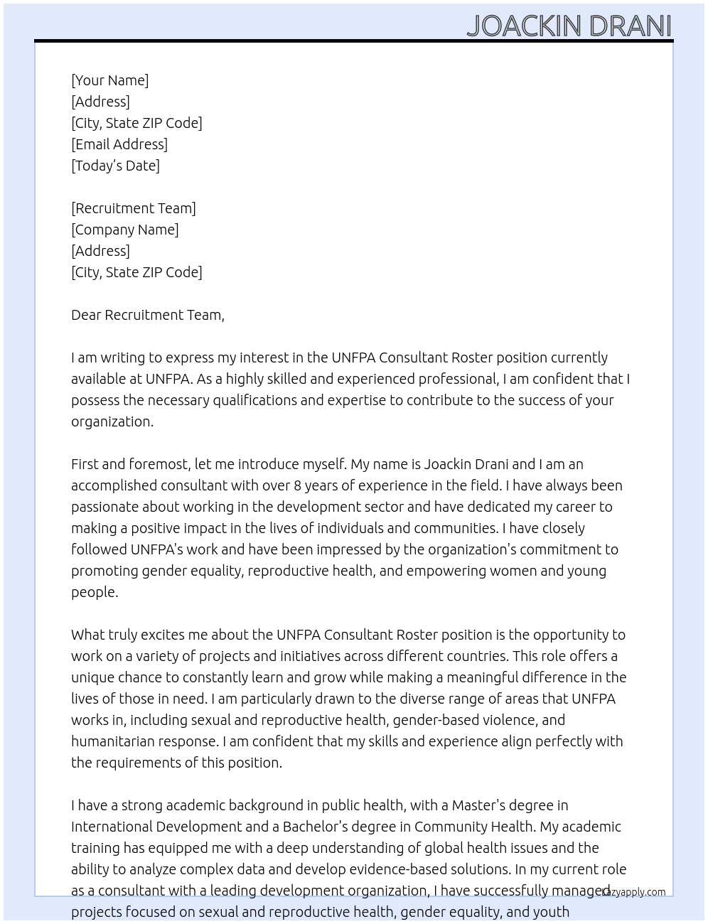 UNFPA Consultant Roster At UNFPA Cover Letter