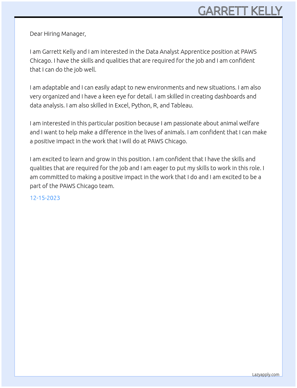 Data Analyst Apprentice At PAWS Chicago Cover Letter