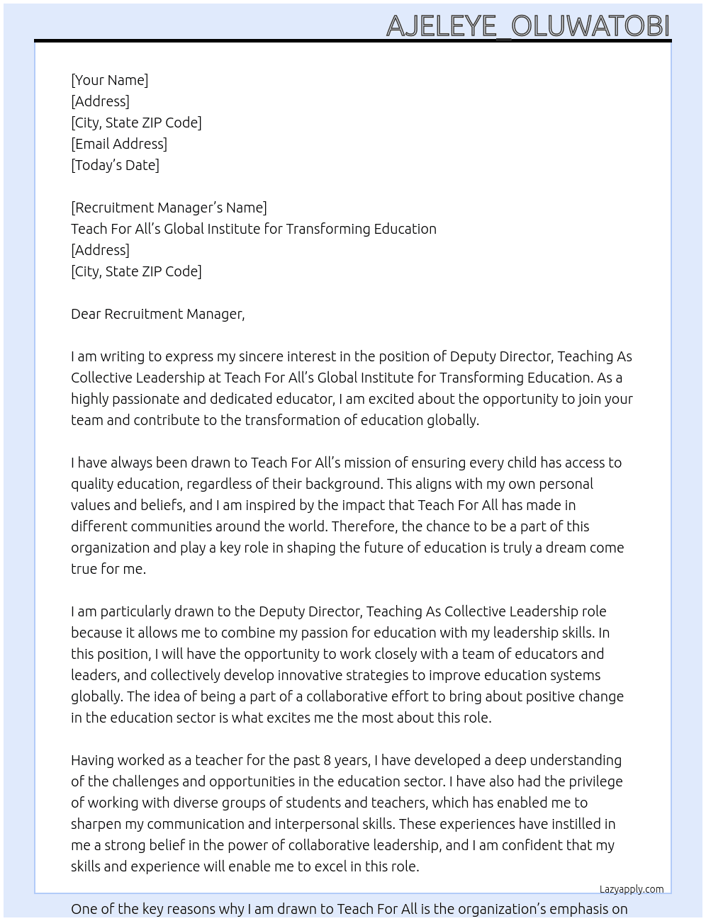 Deputy Director, Teaching As Collective Leadership At Teach For All’s Global Institute for Transforming Education Cover Letter