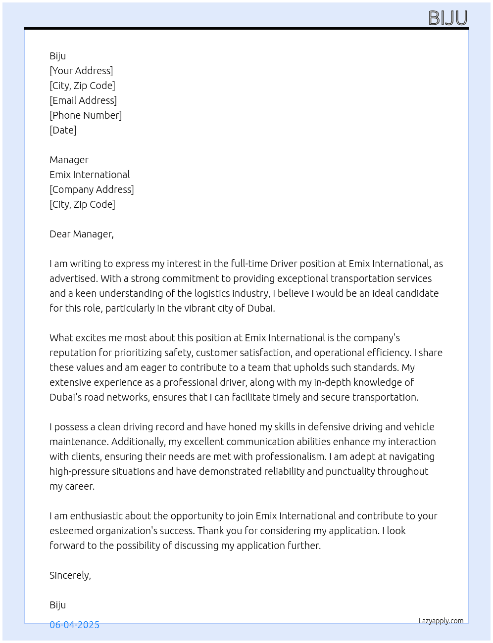 Driver At emix international Cover Letter