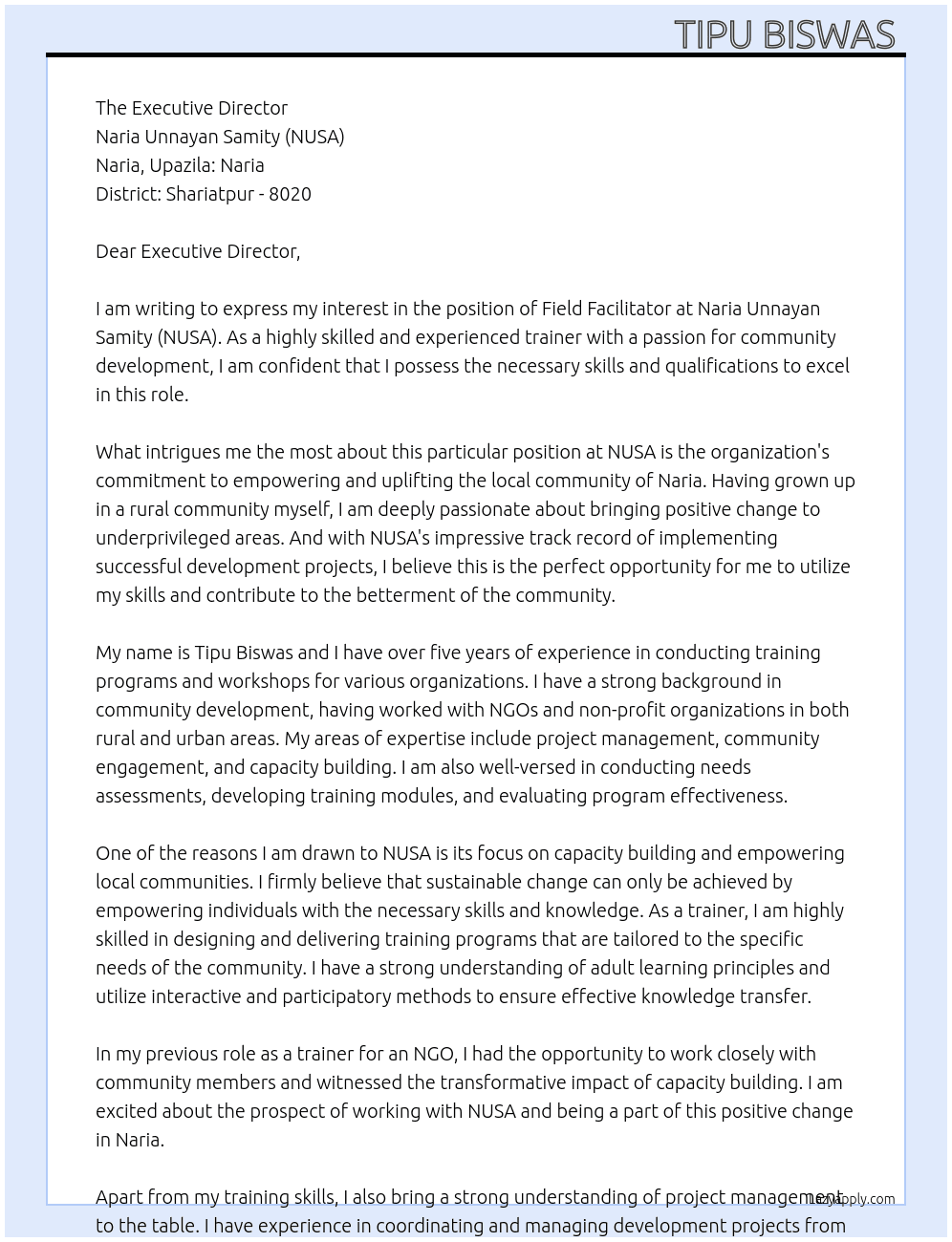 Field Facilitator At Naria Unnayan Samity (NUSA) Naria, Upazila: Naria, District: Shariatpur - 8020 Cover Letter