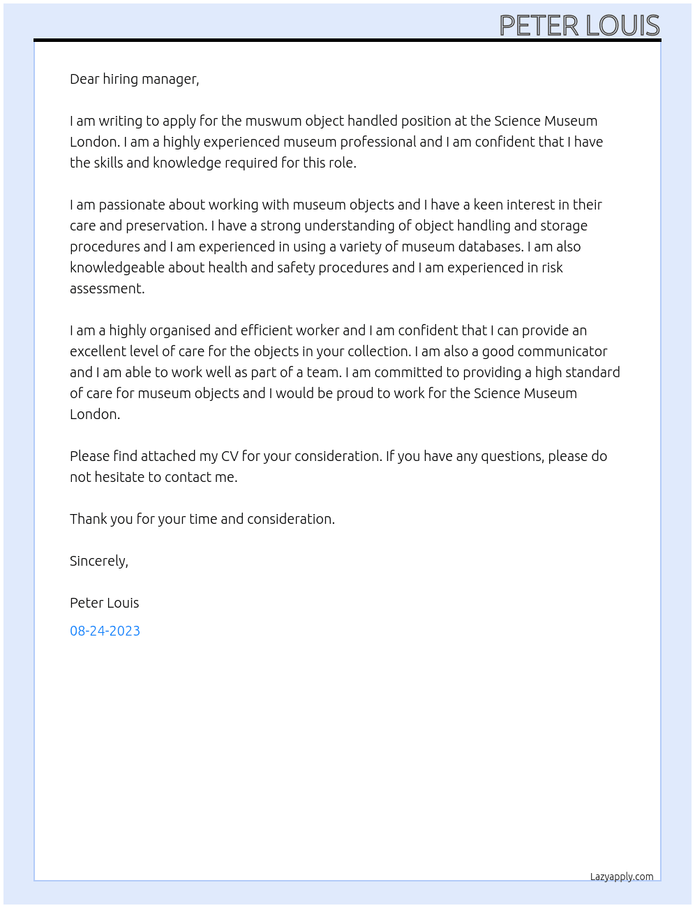 muswum object handled At science museum London Cover Letter