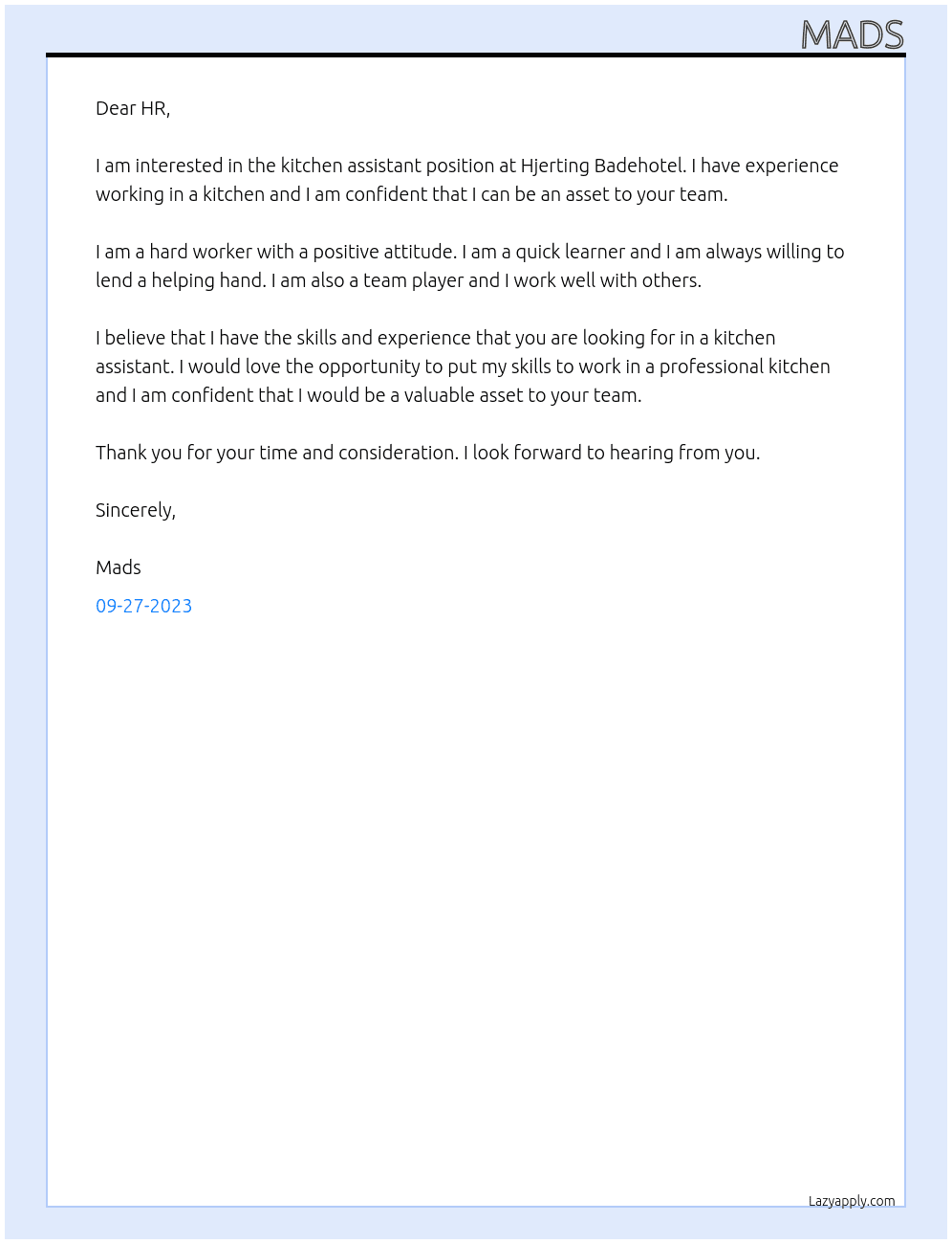 kitchen assistant At Hjerting Badehotel Cover Letter