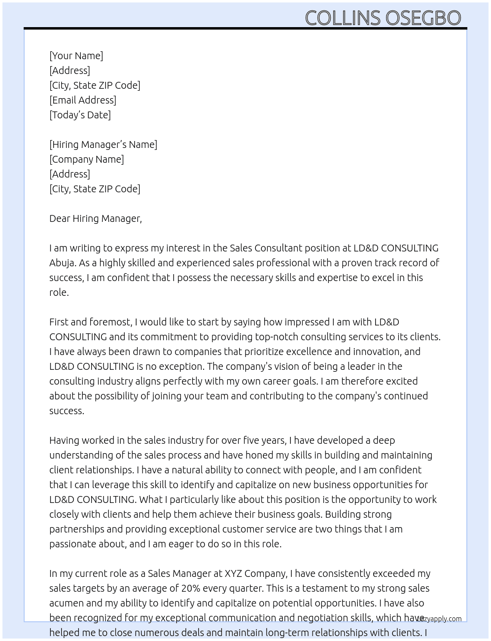 Sales Consultant At LD&D CONSULTING Abuja Cover Letter
