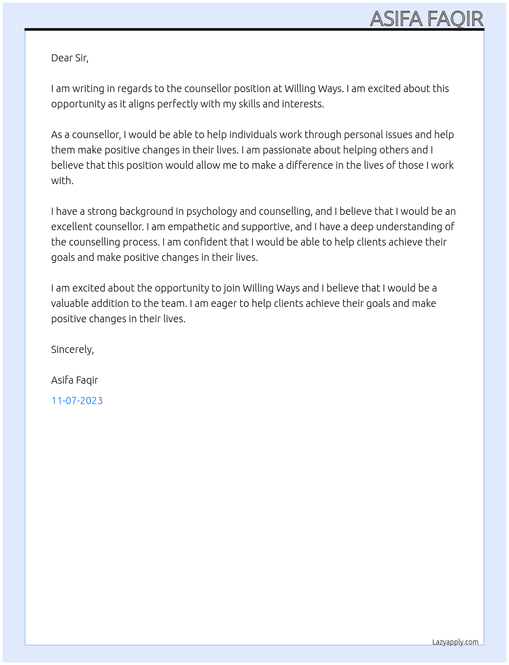 counsellor At Willing Ways Cover Letter