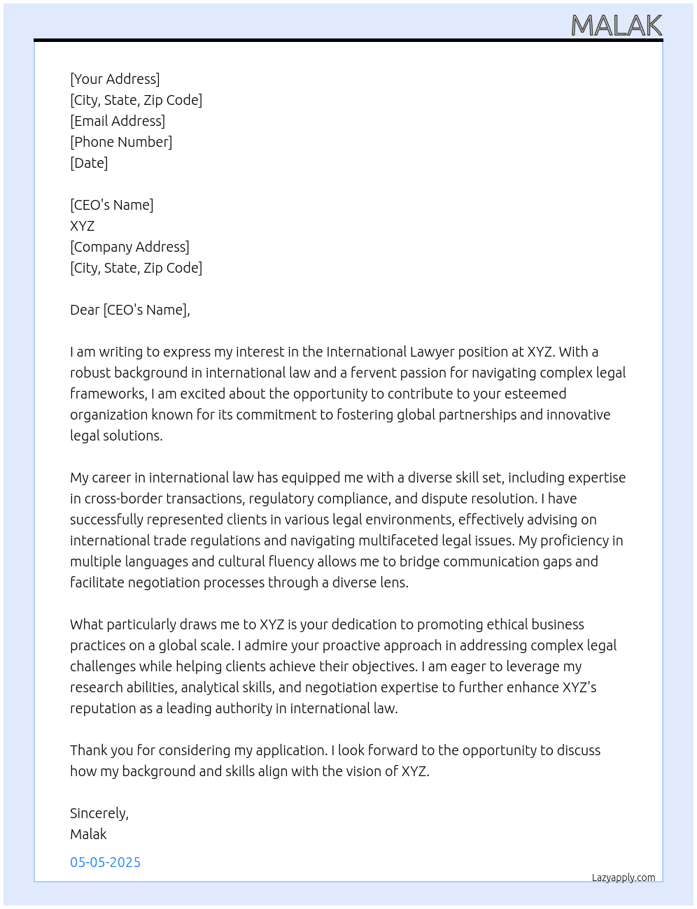 Cover letter for international lawyer - LazyApply