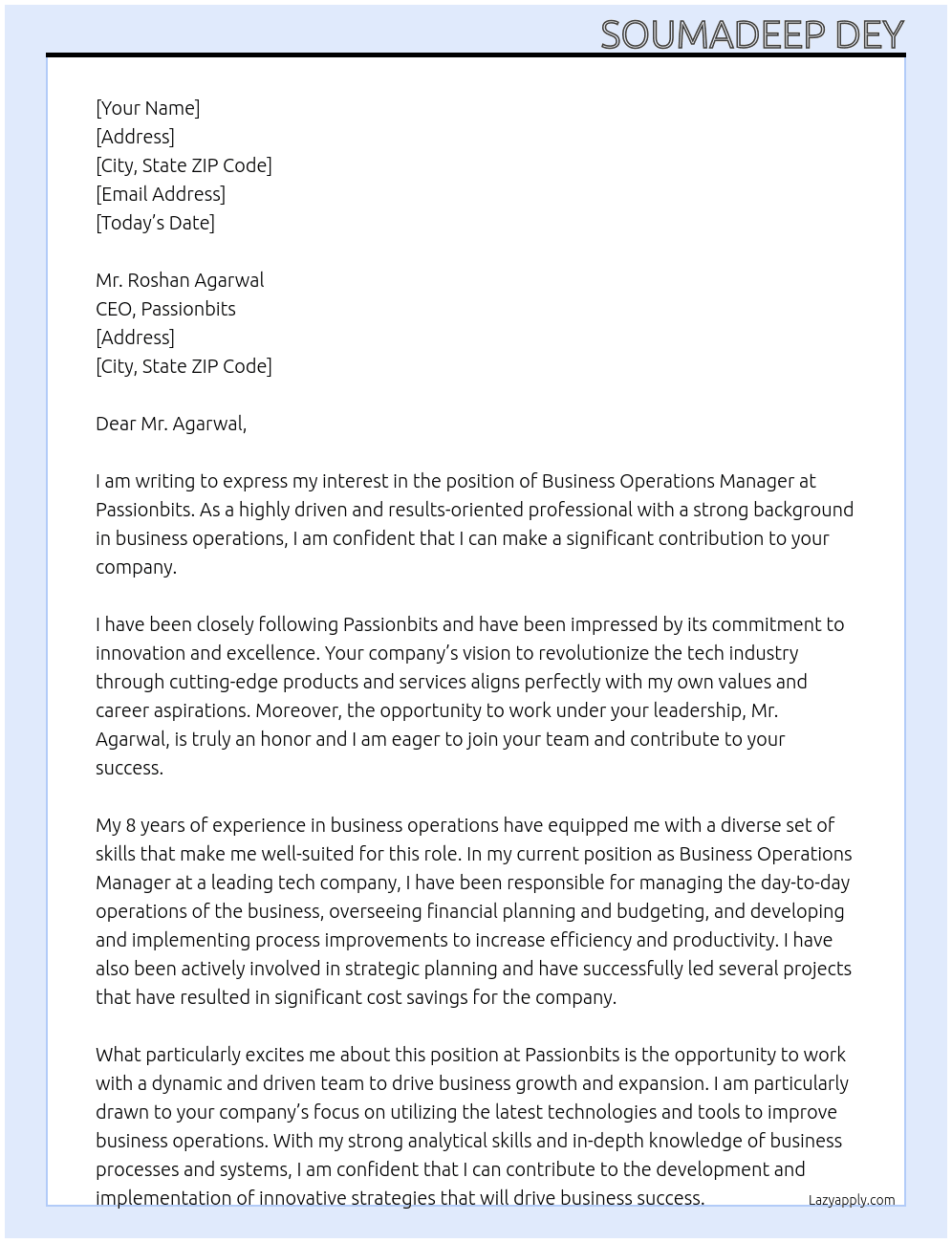 Business Operations Manager At Passionbits Cover Letter