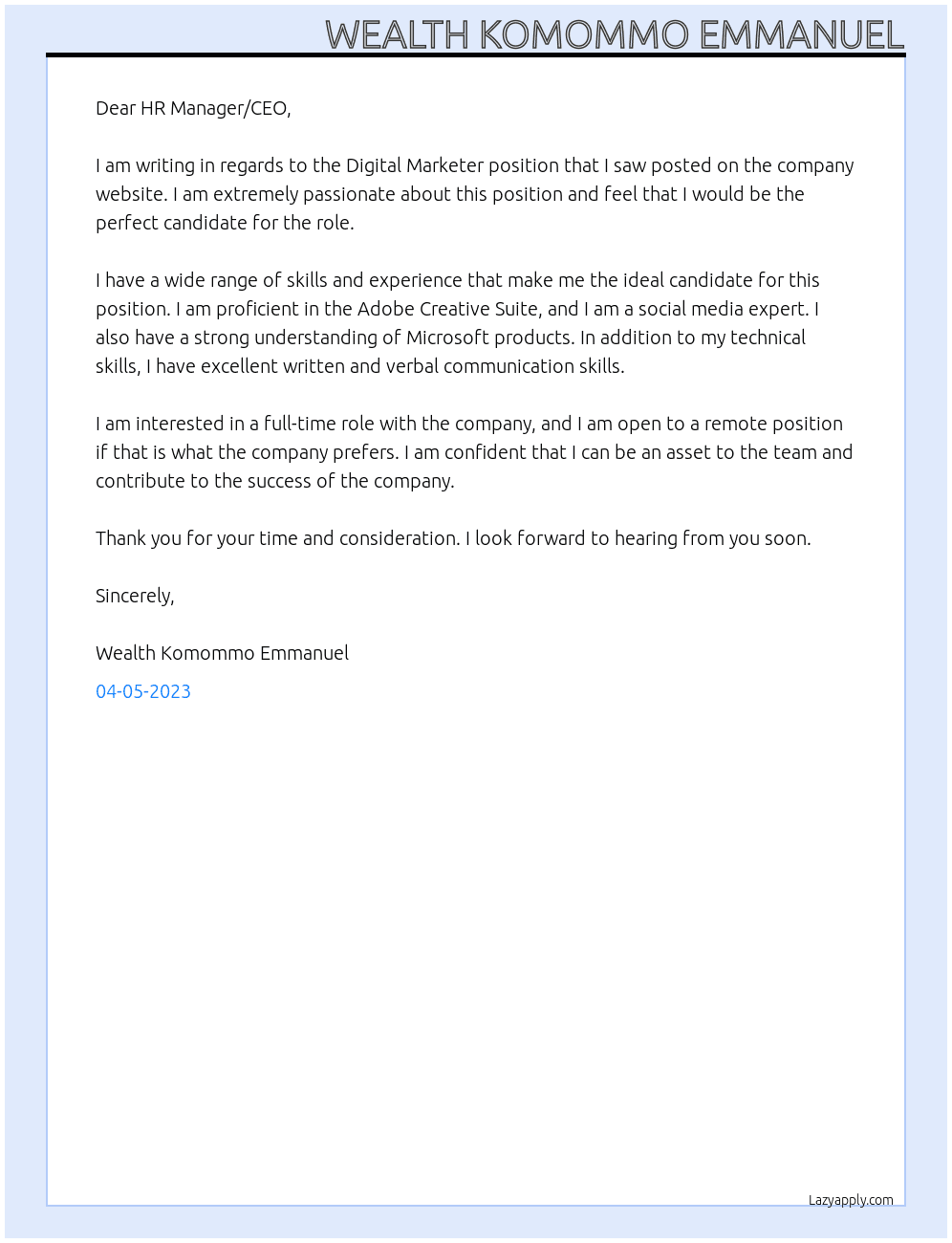 DIGITAL MARKETER At abcd Cover Letter