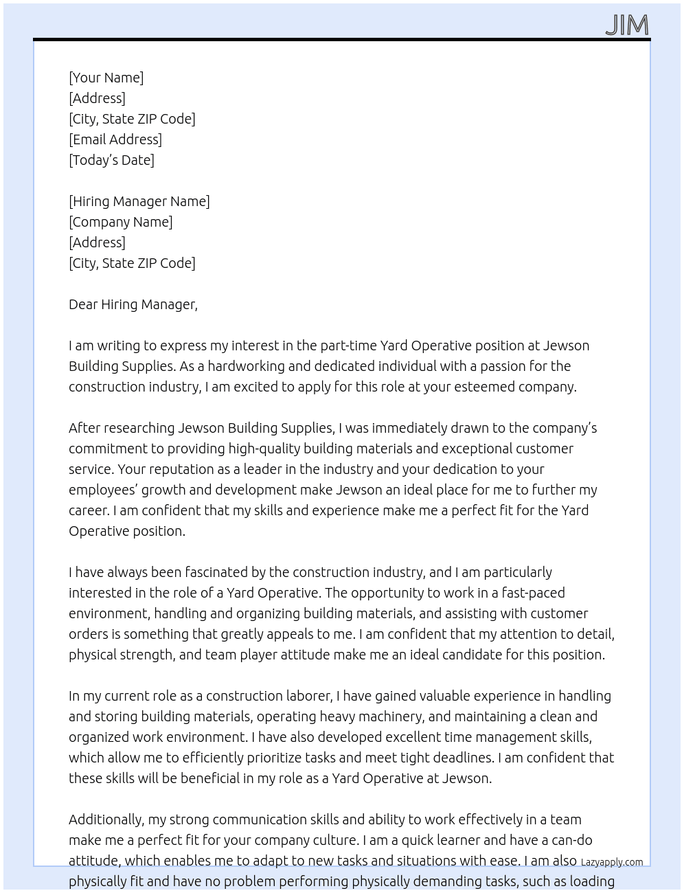 Yard Operative  At Jewson Building Supplies  Cover Letter