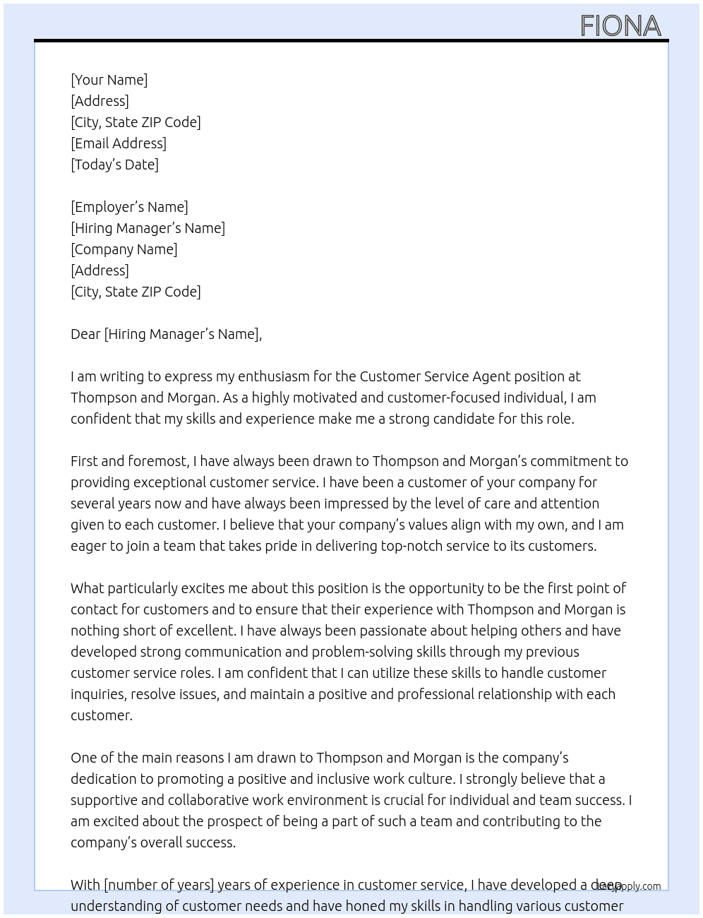 Customer service agent  At Thompson and Morgan  Cover Letter
