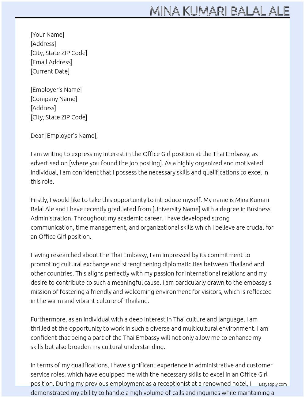 office girl At Thai Embassy Cover Letter