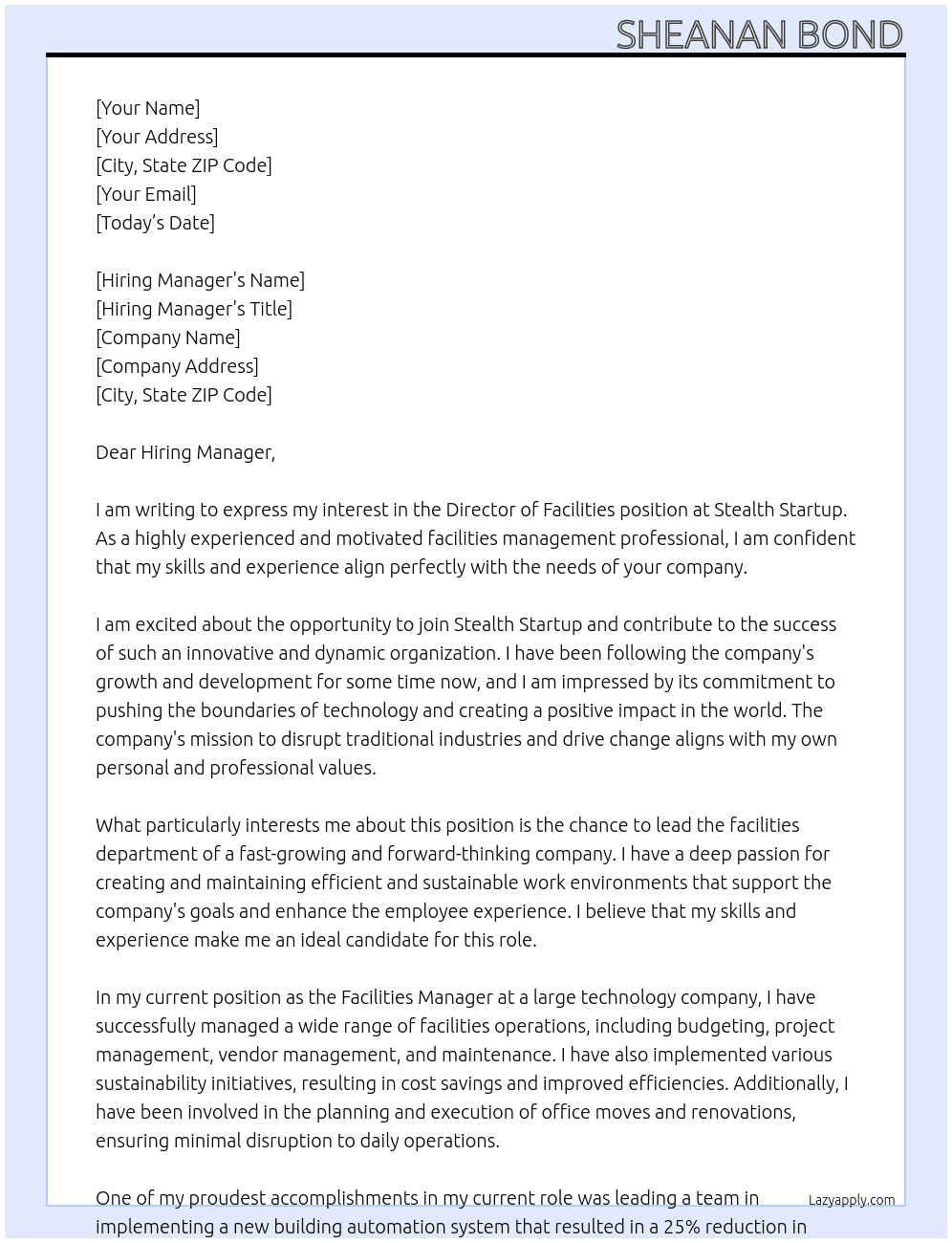 Director of Facilities At Stealth Startup Cover Letter