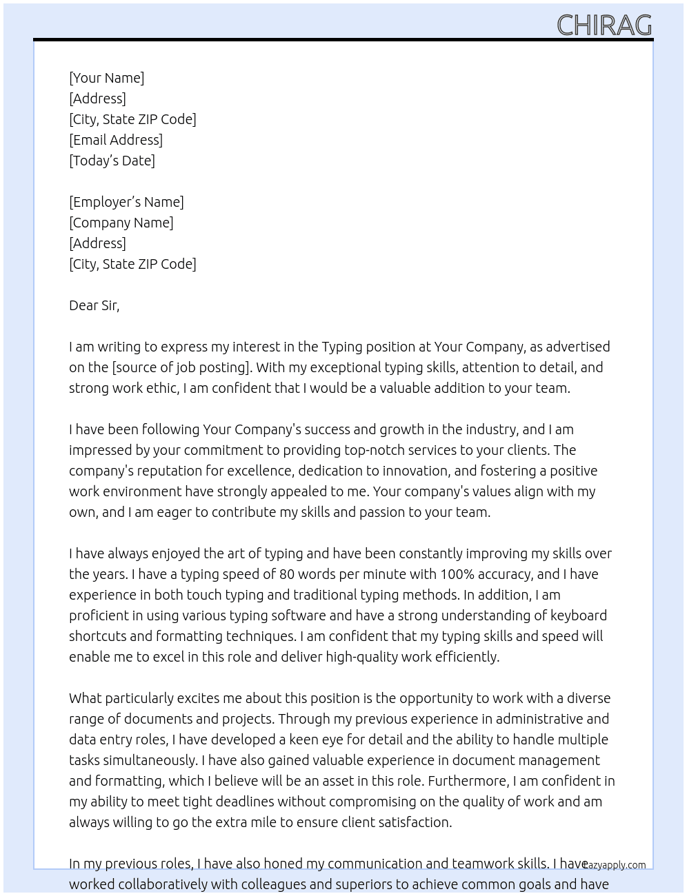 Cover letter for typing - LazyApply