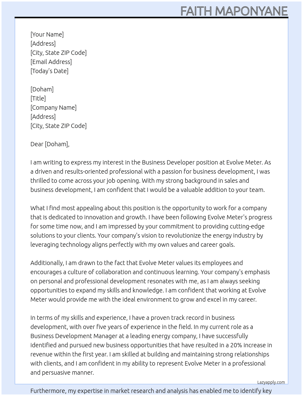 Business developer  At Evolve meter Cover Letter