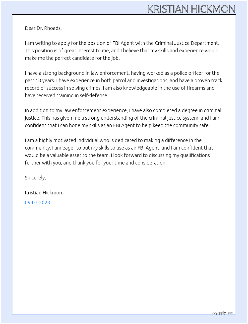F.B.I At Criminal Justice Cover Letter