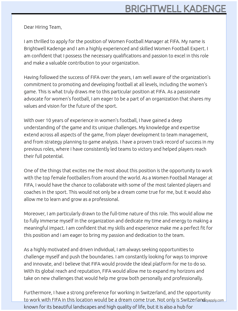 Women Football Manager At FIFA Cover Letter