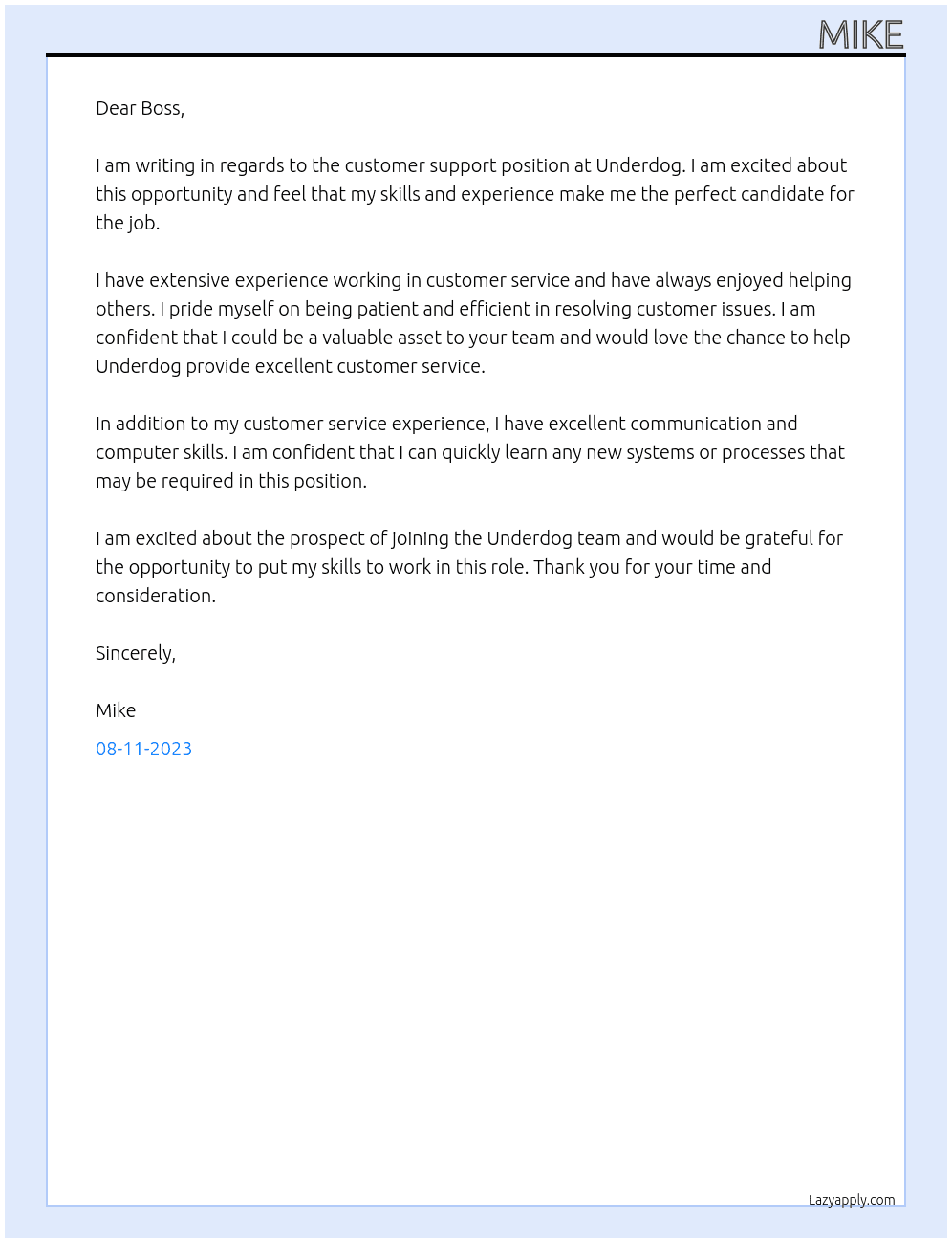 Customer Support At Underdog Cover Letter