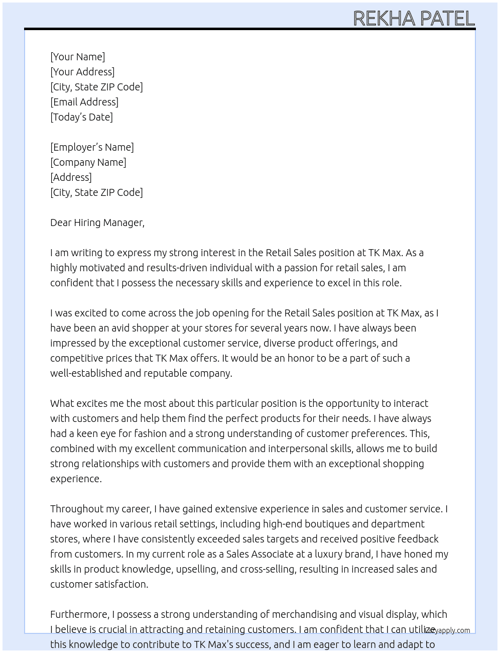 Retail Sales At TK Max Cover Letter