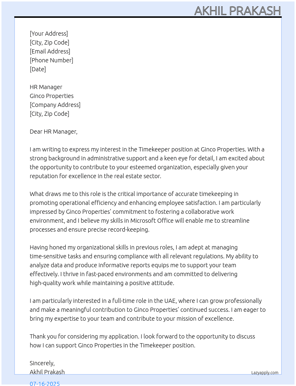 Timekeeper At Ginco Properties  Cover Letter