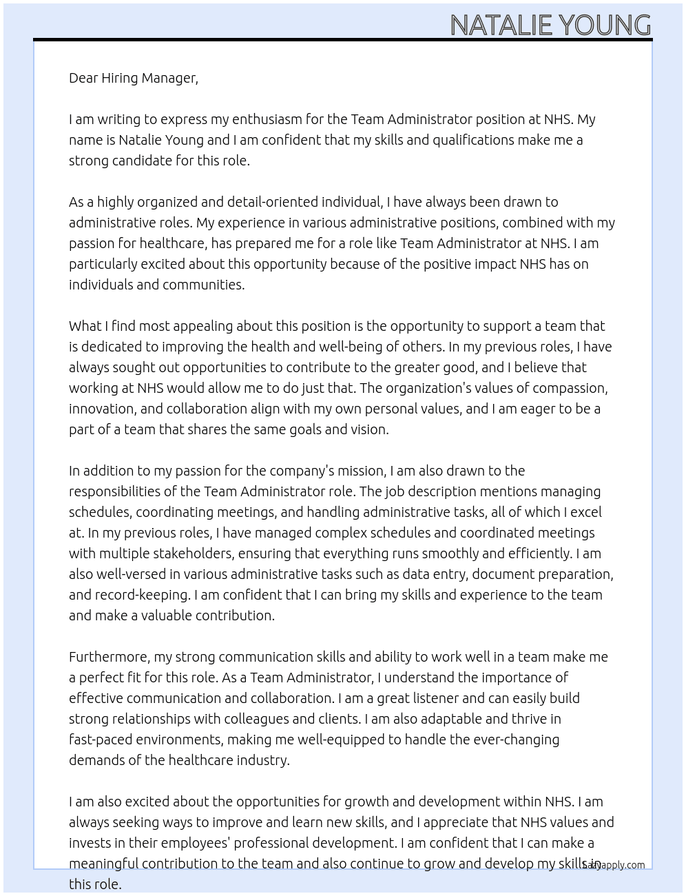 Team Administrator At NHS Cover Letter