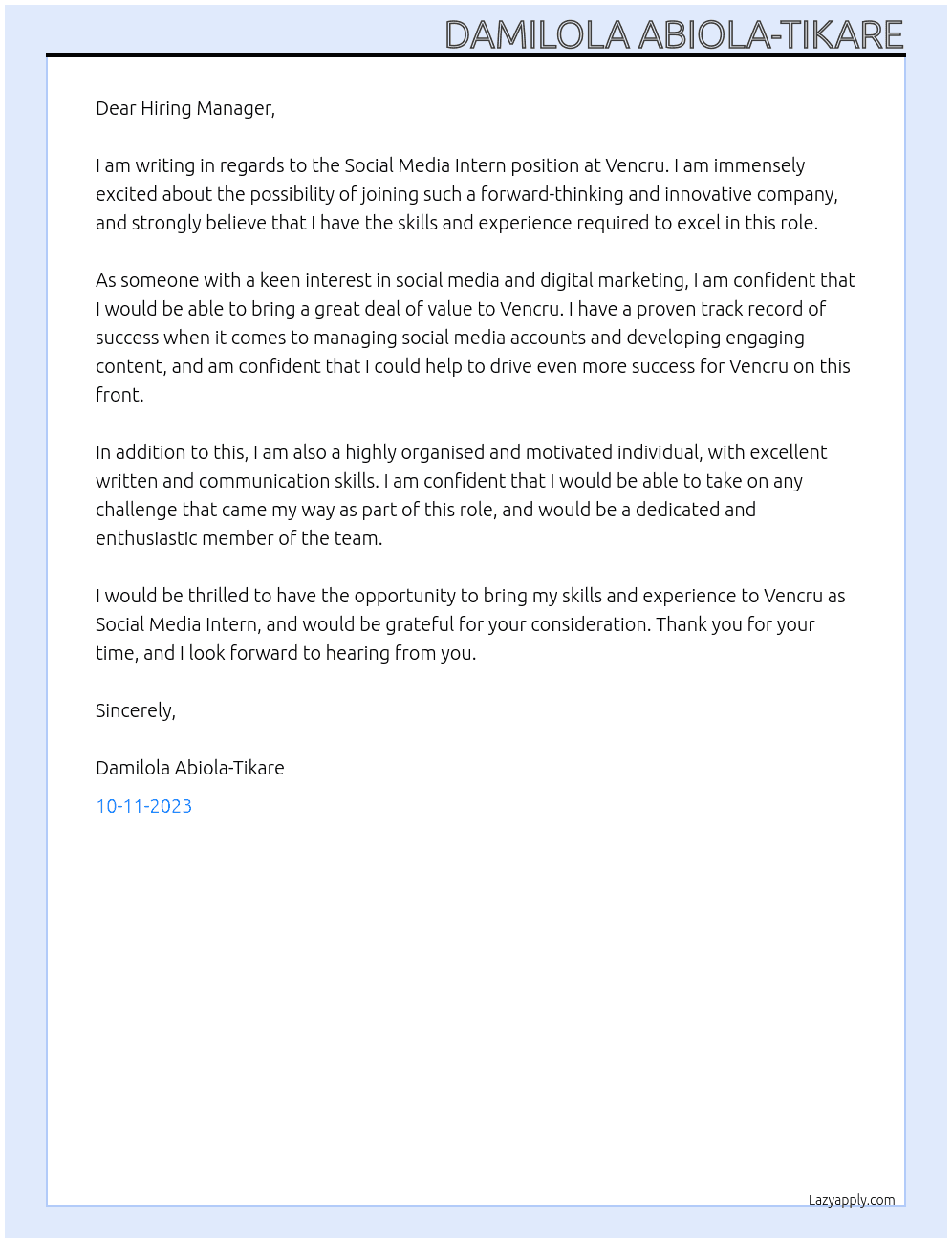 Social Media Intern At Vencru Cover Letter